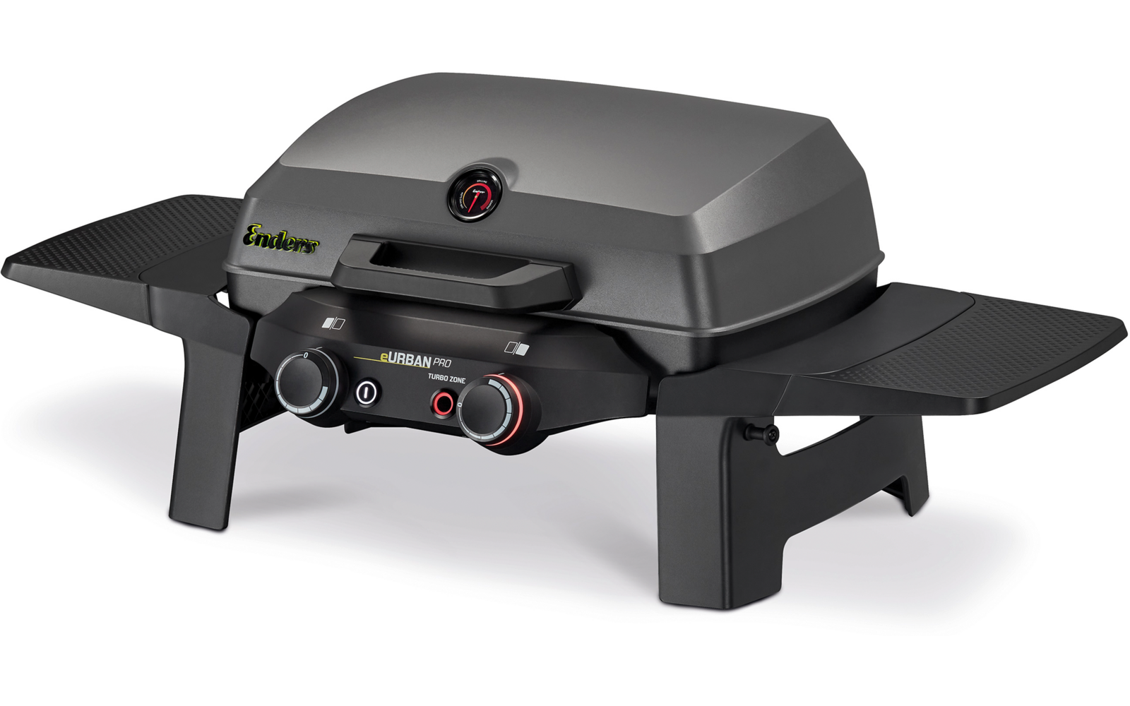 Schwarz-grauer Tischgrill mit geschlossenem Deckel, zwei Drehreglern mit roten Akzenten, zwei seitlichen Ablagen und vier kurzen Beinen