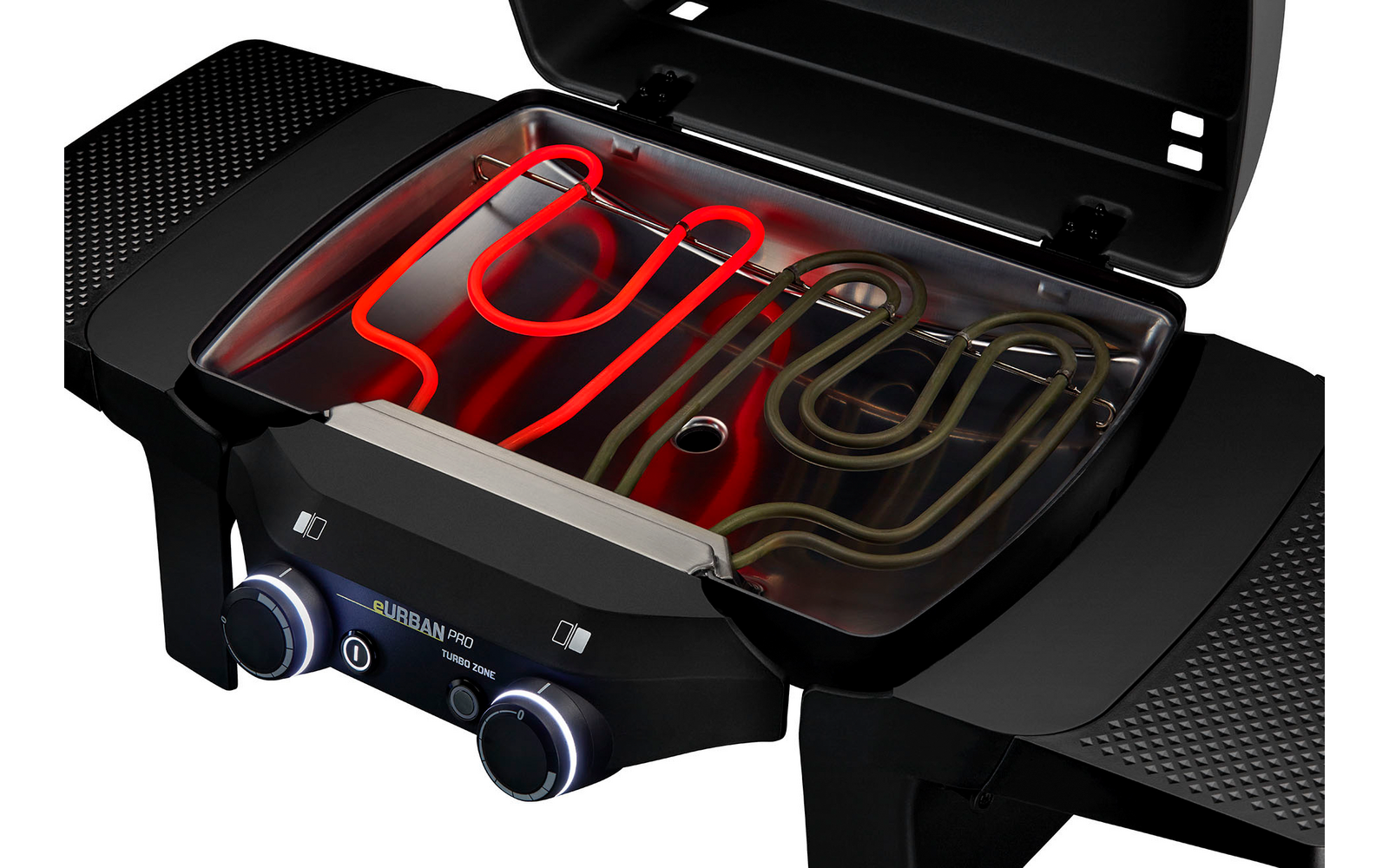 Schwarzes Grillgerät mit geöffneter transparenter Haube; darunter rot leuchtende, gewundene Heizspiralen, zwei blau beleuchtete Drehregler und seitliche Ablagen