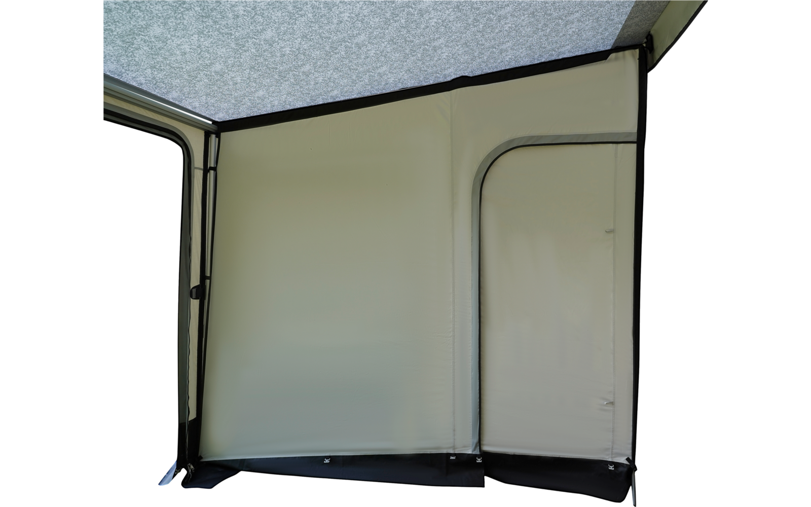 Beige Stoffwand mit Reißverschluss-Tür rechts, schwarzer Saum unten und hellgraue strukturierte Decke