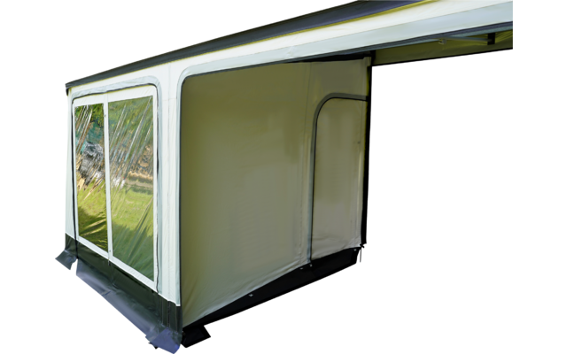 Weißes rechteckiges Zelt mit transparenten Seitenfenstern, offenem Eingang und schwarzem Bodenrand