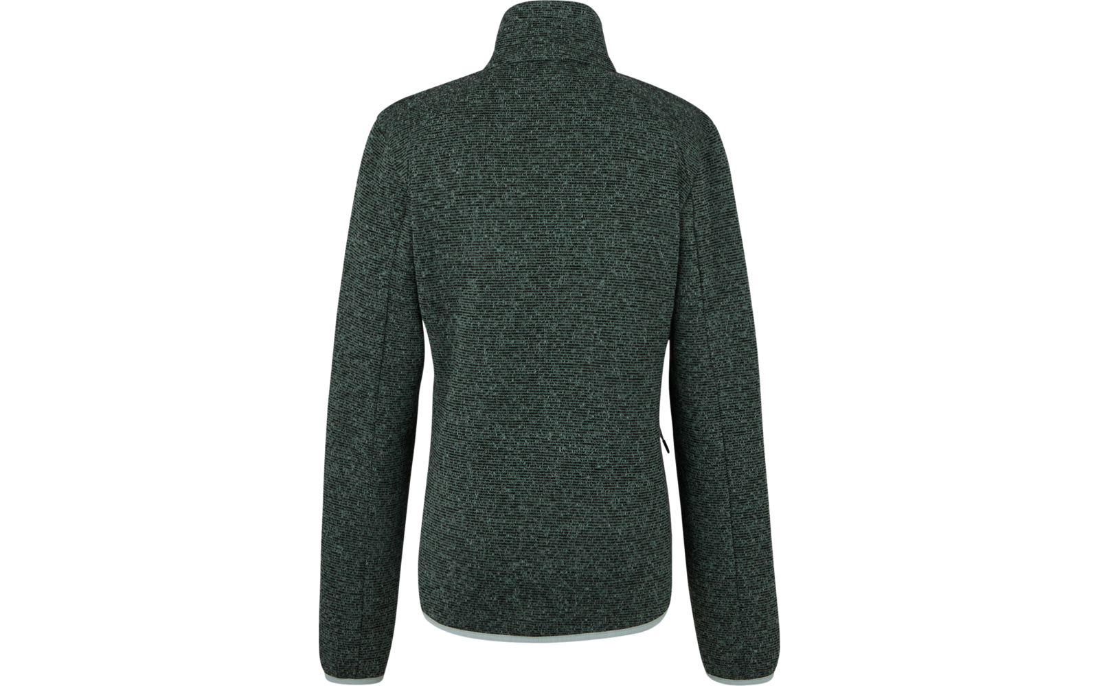 Rückansicht eines dunkelgrünen Langarm-Pullovers aus Strickstoff