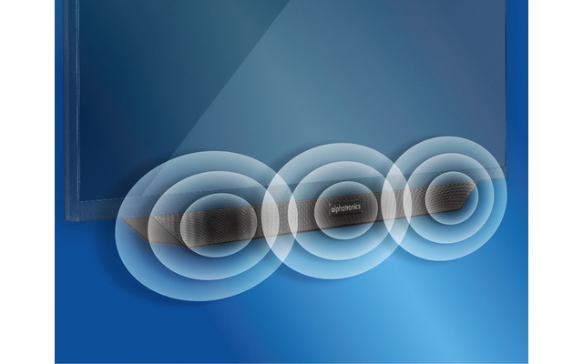 Teil eines Flachbildschirms oben links; darunter eine horizontale Soundbar mit drei runden Mesh-Lautsprechern, umgeben von halbtransparenten konzentrischen Ringen auf blauem Verlaufshintergrund