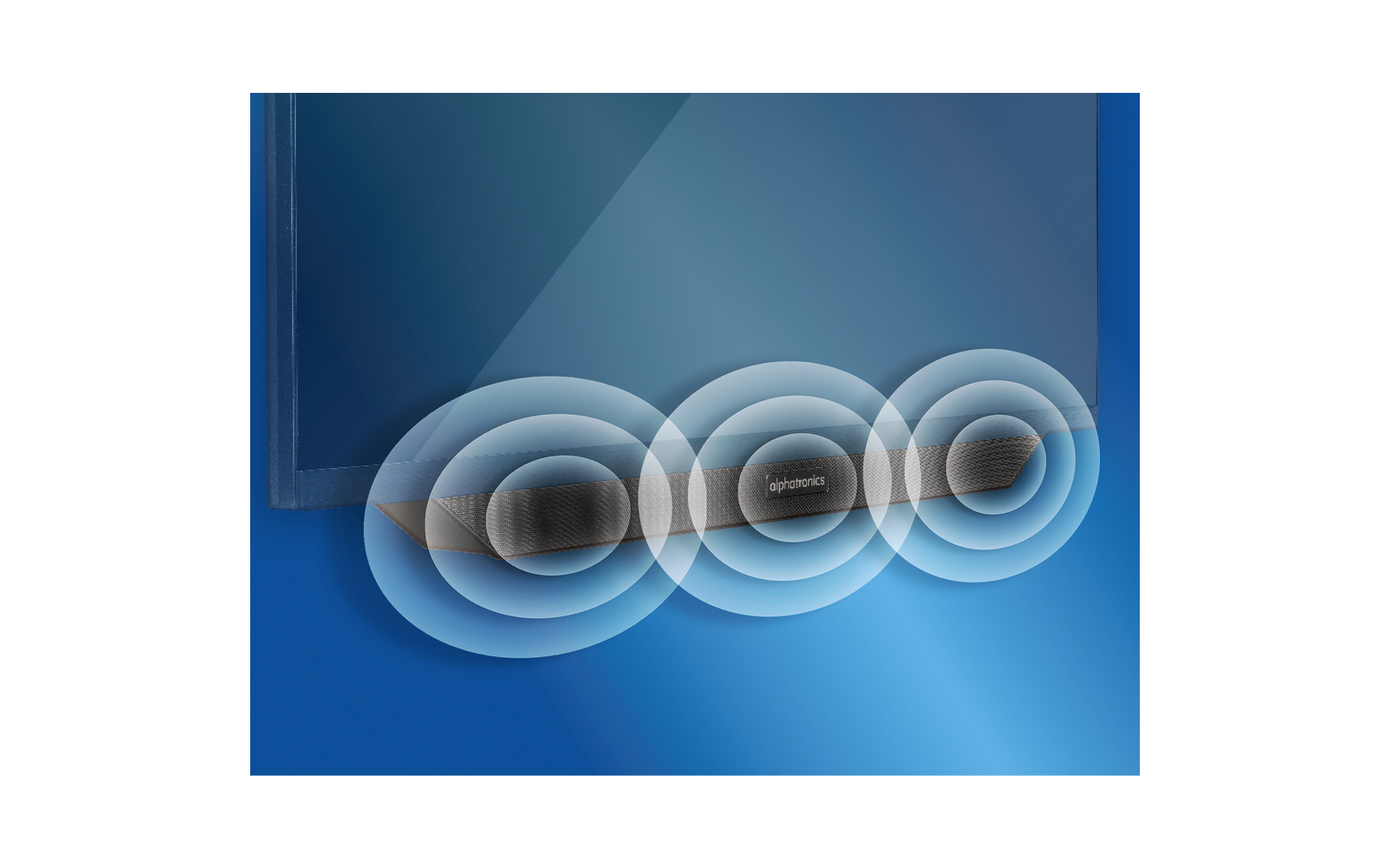 Teil eines Flachbildschirms oben links; darunter eine horizontale Soundbar mit drei runden Mesh-Lautsprechern, umgeben von halbtransparenten konzentrischen Ringen auf blauem Verlaufshintergrund
