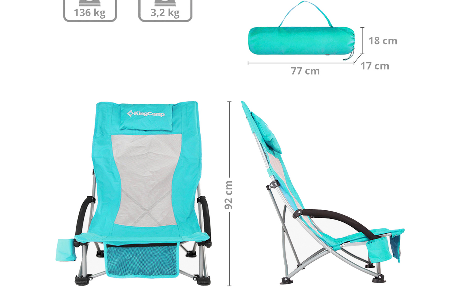 Une chaise de camping bleue avec cadre noir, tissu en maille légère et sangle réglable