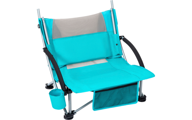 Chaise pliante bleue avec accoudoirs et porte-gobelet intégré
