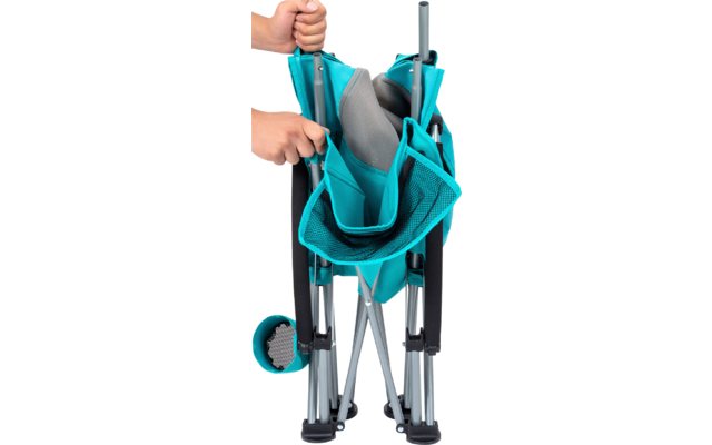 Poussette turquoise pliable, vue latérale montrant la poignée et les roues