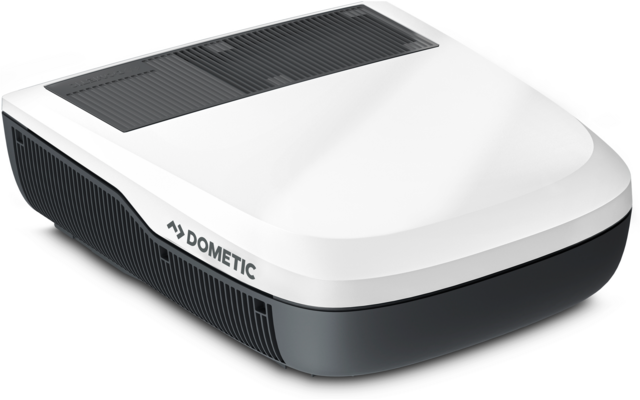 Weißes rechteckiges Gerät mit abgerundeten Kanten, schwarzem Unterteil, Lüftungsgittern oben und seitlich und Schriftzug Dometic an der Seite