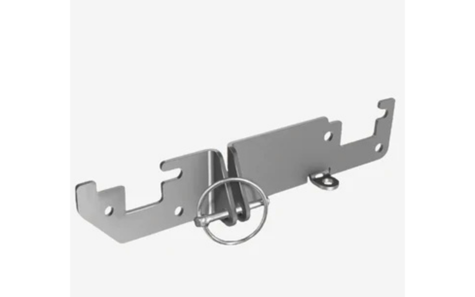Zilverkleurige metalen beugel van twee verbonden platte platen met uitsparingen en een ronde ring