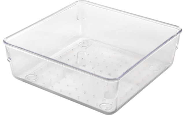 Durchsichtige quadratische Plastikbox mit kleinen Löchern im Boden