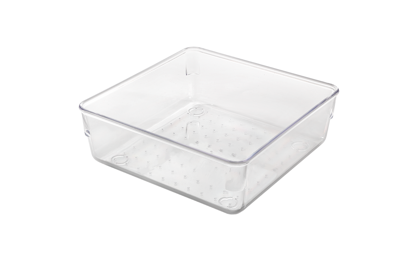 Durchsichtige quadratische Plastikbox mit kleinen Löchern im Boden