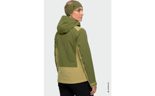 Persona vista di tre quarti di spalle, indossa giacca con cappuccio verde bicolore, fascia per capelli, capelli biondi, pantaloni neri, sfondo grigio chiaro