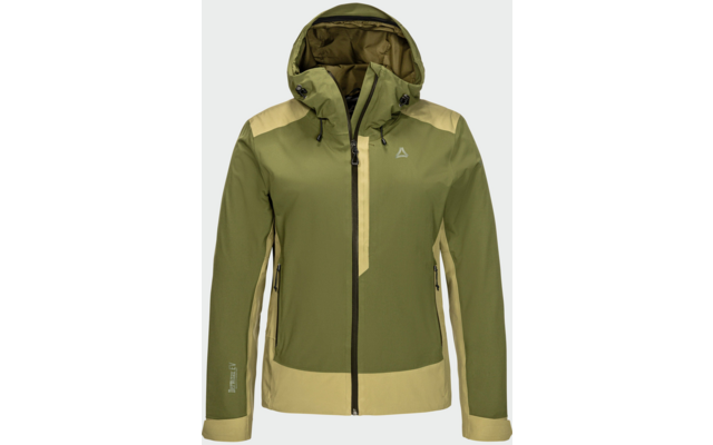 Giacca con cappuccio verde oliva e beige chiaro con cerniera centrale, tasca sul petto, due tasche laterali con zip, cordoncini del cappuccio e piccolo logo triangolare sul petto