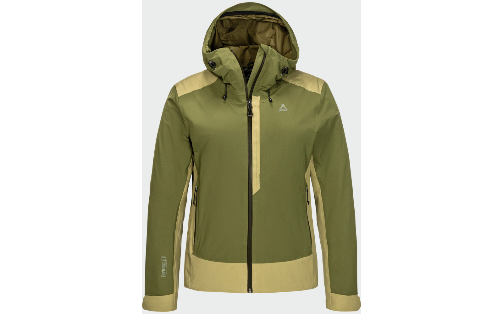 Giacca con cappuccio verde oliva e beige chiaro con cerniera centrale, tasca sul petto, due tasche laterali con zip, cordoncini del cappuccio e piccolo logo triangolare sul petto