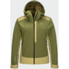 Giacca con cappuccio verde oliva e beige chiaro con cerniera centrale, tasca sul petto, due tasche laterali con zip, cordoncini del cappuccio e piccolo logo triangolare sul petto