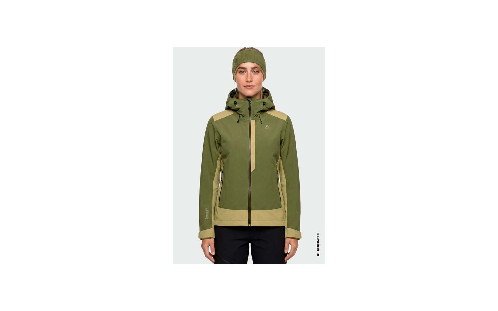 Persona di fronte che indossa una giacca con cappuccio bicolore verde e pantaloni neri su sfondo chiaro