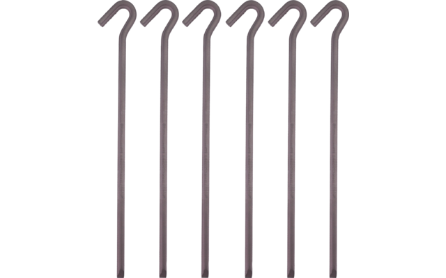 Six gray metal rods with hooked tops arranged side by side on a white background