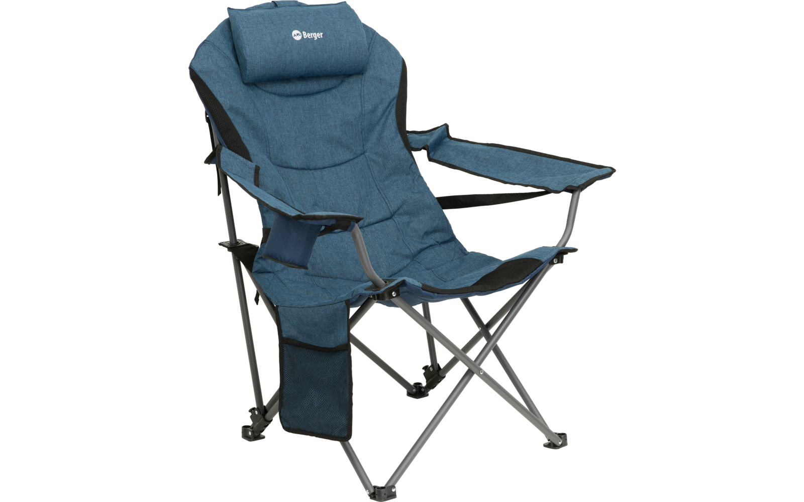 Blauer Klappstuhl mit Armlehnen und Getränkehalter