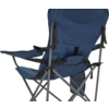 Blauer, zusammenklappbarer Campingstuhl aus Stoff mit Armlehnen, Getränkehalter, schwarzen Gurten und grauem Metallgestell