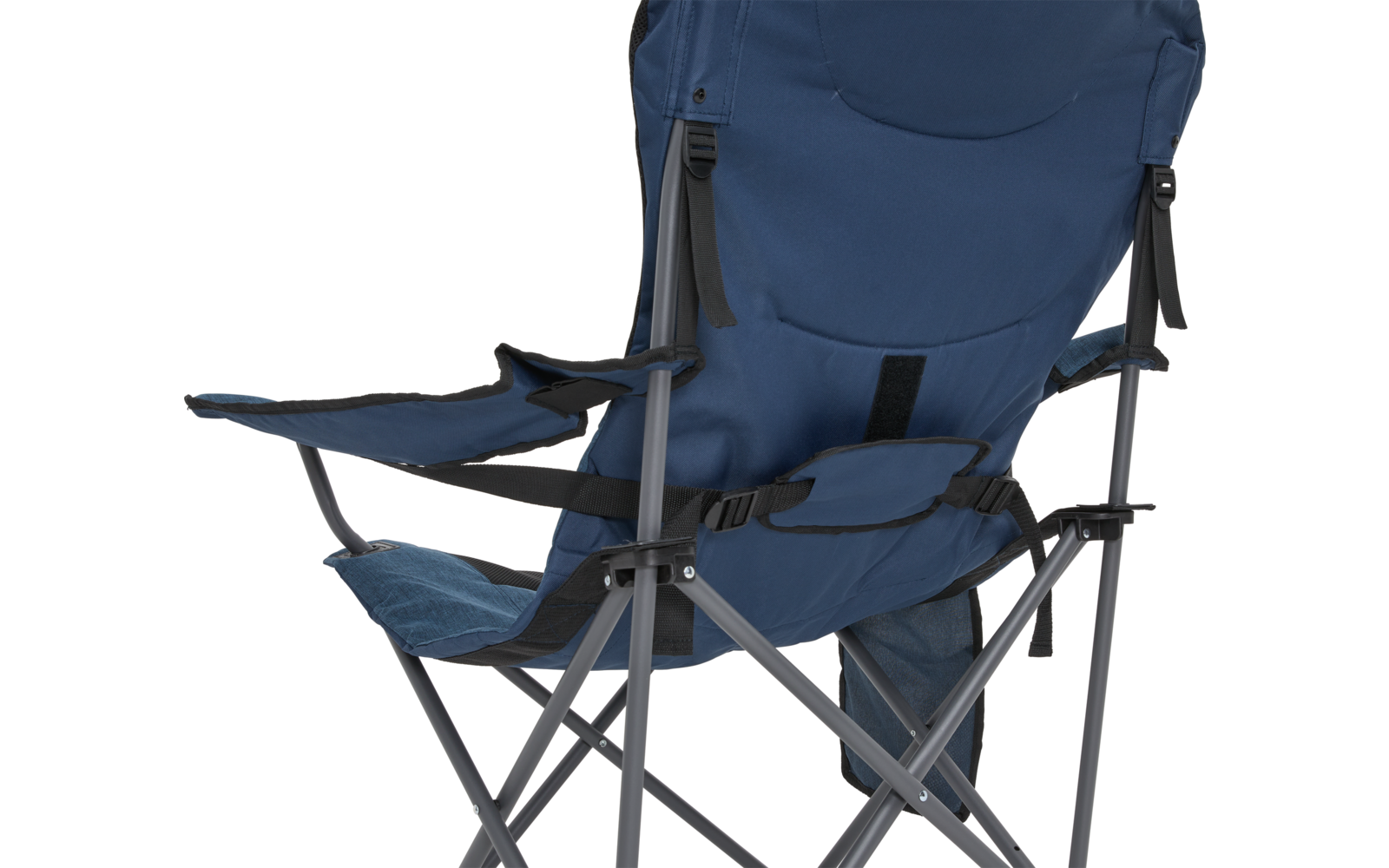 Blauer, zusammenklappbarer Campingstuhl aus Stoff mit Armlehnen, Getränkehalter, schwarzen Gurten und grauem Metallgestell