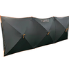 Black rectangular fabric panel with three triangular sections, orange edges and guy lines, white logo at top right