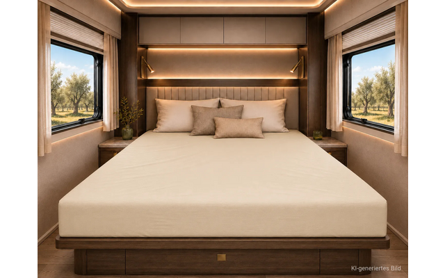 Tweepersoonsbed met beige hoeslaken en drie kussens, donker houten hoofdeinde met ingebouwde verlichting, twee ramen met gordijnen en zicht op bomen, nachtkastjes met planten