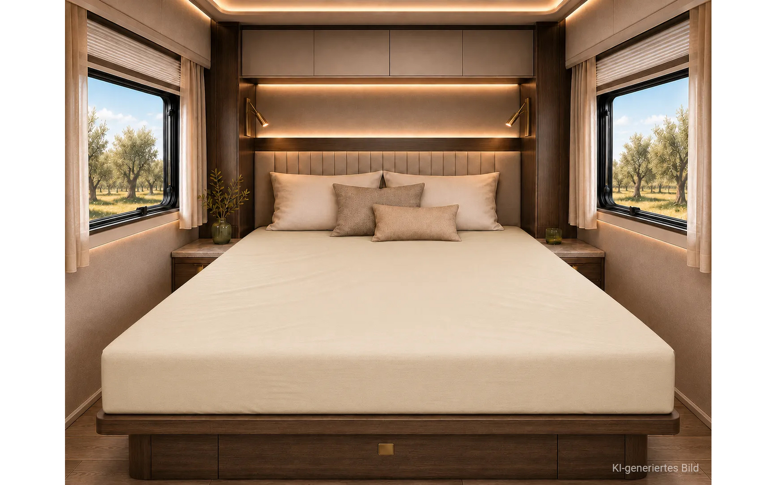Tweepersoonsbed met beige hoeslaken en drie kussens, donker houten hoofdeinde met ingebouwde verlichting, twee ramen met gordijnen en zicht op bomen, nachtkastjes met planten
