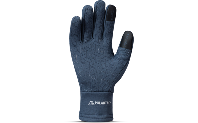 Dark blue right-hand glove, palm visible, embossed geometric pattern, touchscreen pads on thumb and index, "POLARTEC®" logo on cuff