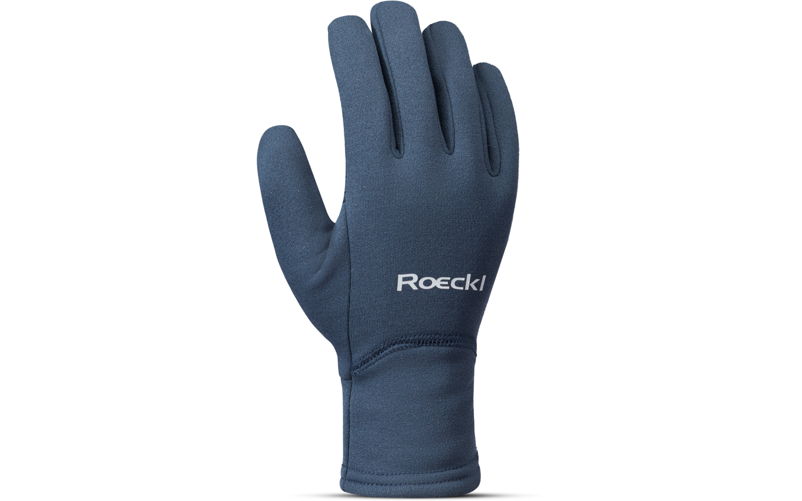 Single dark blue fabric glove with thumb on the left and white Roeckl logo on the back of the hand