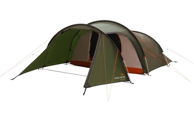 Grünes Campingzelt mit beigen und roten Elementen, auf weißem Hintergrund