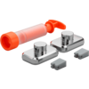 Orange translucent plastic cylinder with pump head, two chrome rectangular bases with round buttons, and two small grey plastic clips
