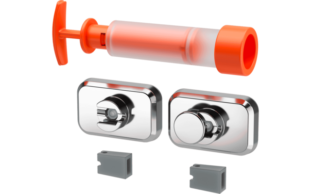 Orange hand pump with transparent barrel, two rectangular chrome plates with round controls, and two small gray plastic blocks