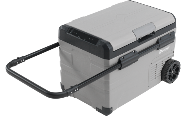 Graue, rechteckige mobile Kühlbox mit schwarzem Deckel, zwei Rädern und ausgezogenem Tragegriff