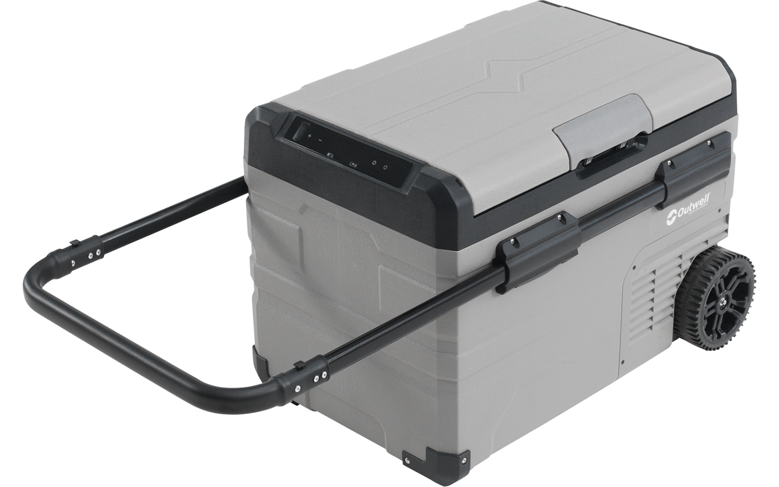 Graue, rechteckige mobile Kühlbox mit schwarzem Deckel, zwei Rädern und ausgezogenem Tragegriff