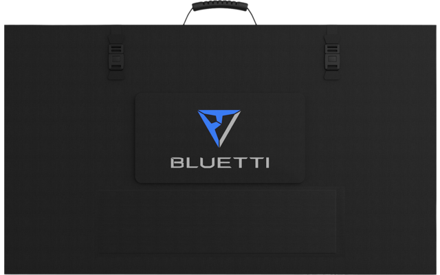 Schwarzes faltbares Solarpanel mit Griff und dem Bluetti-Logo in der Mitte