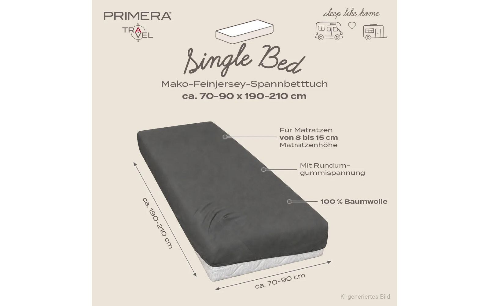Donkergrijs hoeslaken op een matras voor een beige achtergrond; zichtbare tekst: “Single Bed”, “ca. 70–90 x 190–210 cm”; pijlen geven lengte en breedte aan; aanvullende zichtbare teksten: “Für Matratzen von 8 bis 15 cm Matratzenhöhe”, “Mit Rundumgummizug”, “100% Baumwolle”; merklogo “PRIMERA TRAVEL”, twee kleine camper‑iconen, kleine tekst “KI‑generiertes Bild”