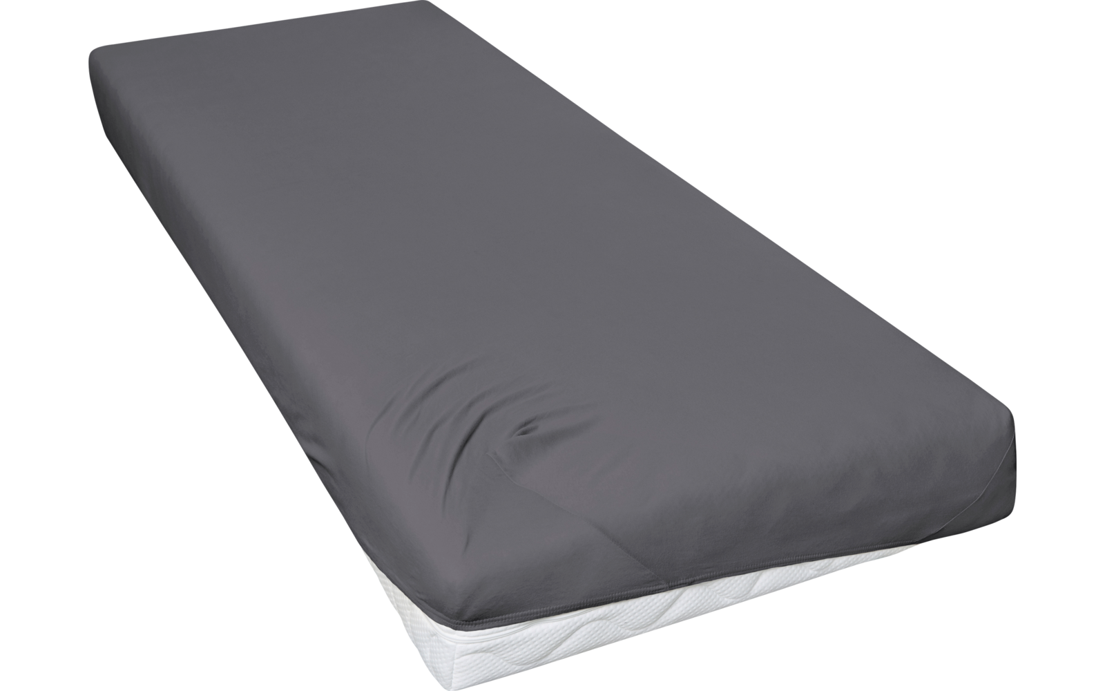 Donkergrijs hoeslaken op een wit matras met lichte kreukels, witte achtergrond
