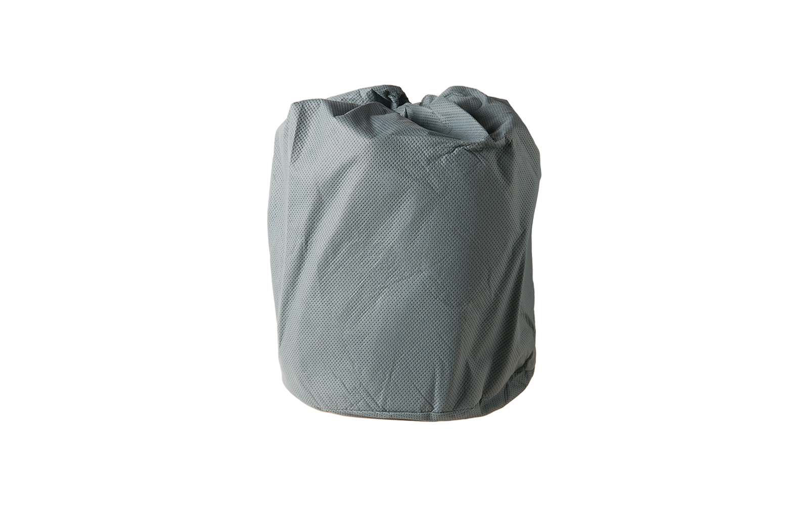 Cylindrical grey fabric bag with a textured surface and a gathered top edge
