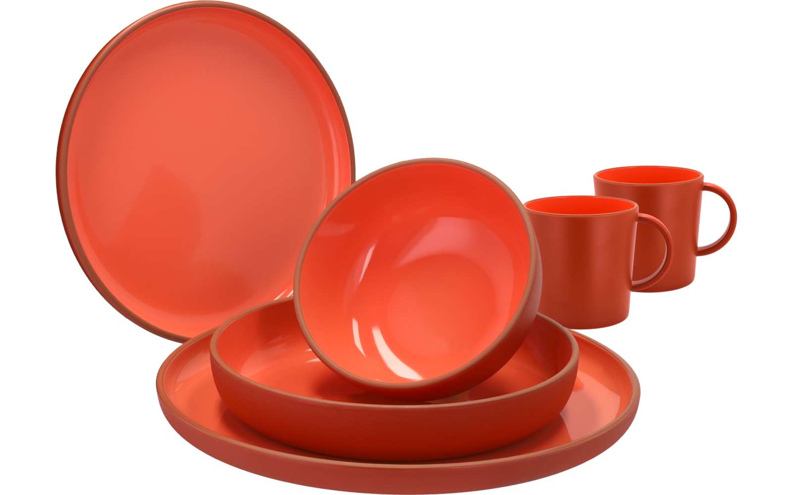 Vaisselle rouge : deux tasses, assiettes empilées et un bol