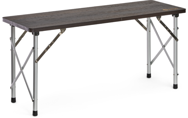 Tafel met donker tweedelig houten blad, zilverkleurige metalen poten met gekruiste stutten en zwarte rubberen voeten