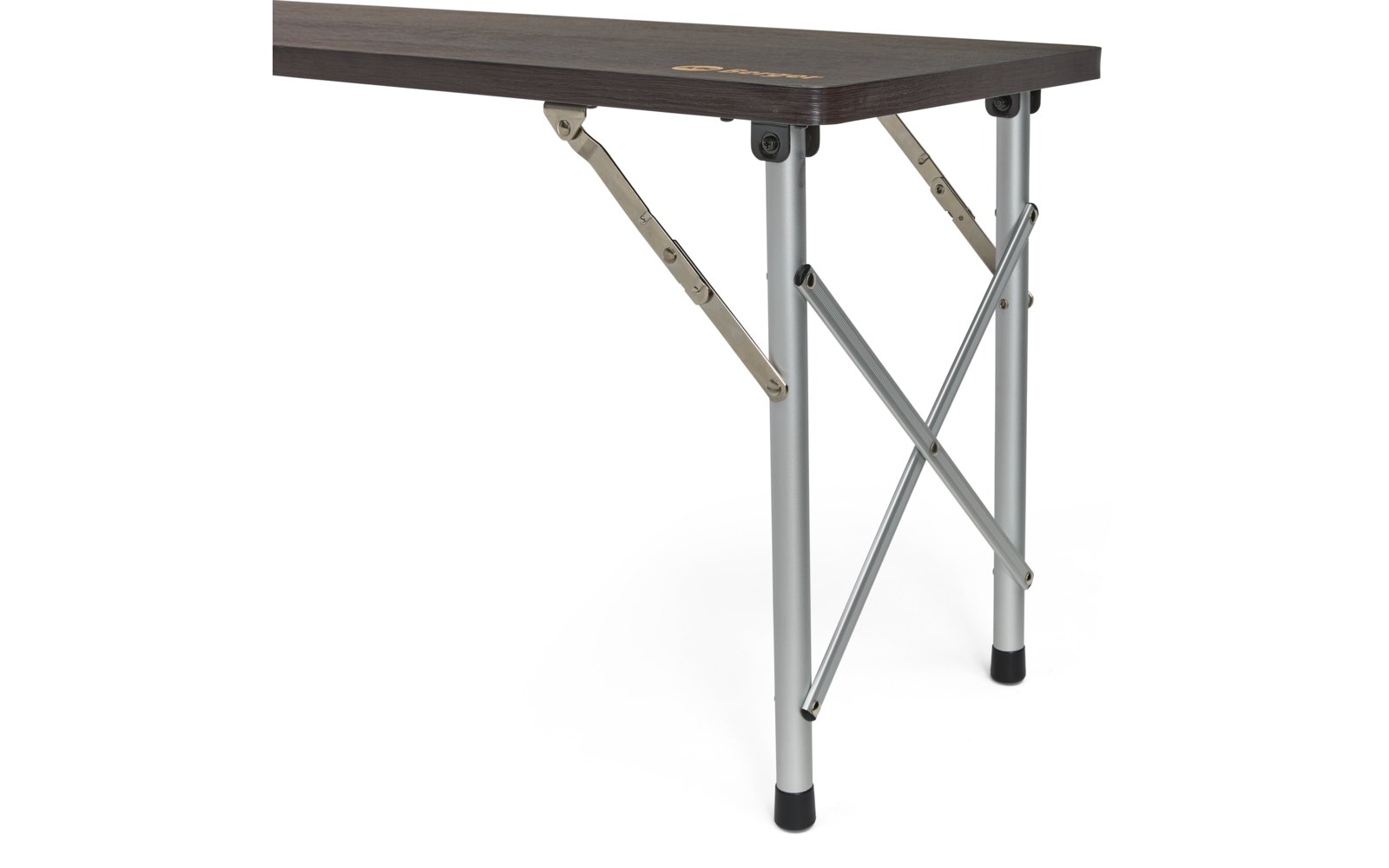 Hoek van een tafel met donker houten blad, zilveren metalen poten, diagonale stutten en zwarte rubberen voetjes