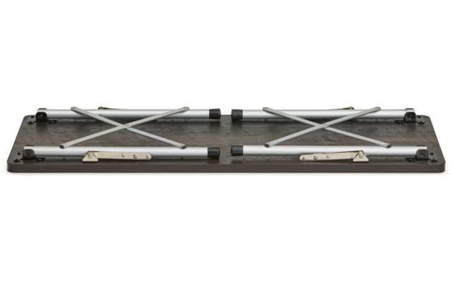 Opgevouwen rechthoekig zwart metalen frame met zilverkleurige X-vormige verstevigingen, scharnieren en vergrendelingen