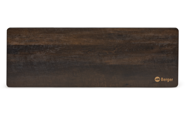 Donkerbruin rechthoekig plank met afgeronde hoeken, zichtbare houtnerf en gouden Berger-logo rechtsonder