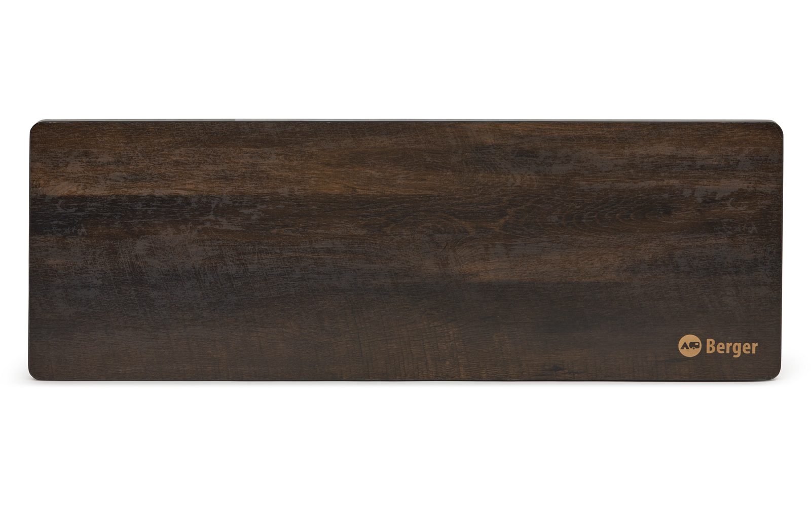 Donkerbruin rechthoekig plank met afgeronde hoeken, zichtbare houtnerf en gouden Berger-logo rechtsonder