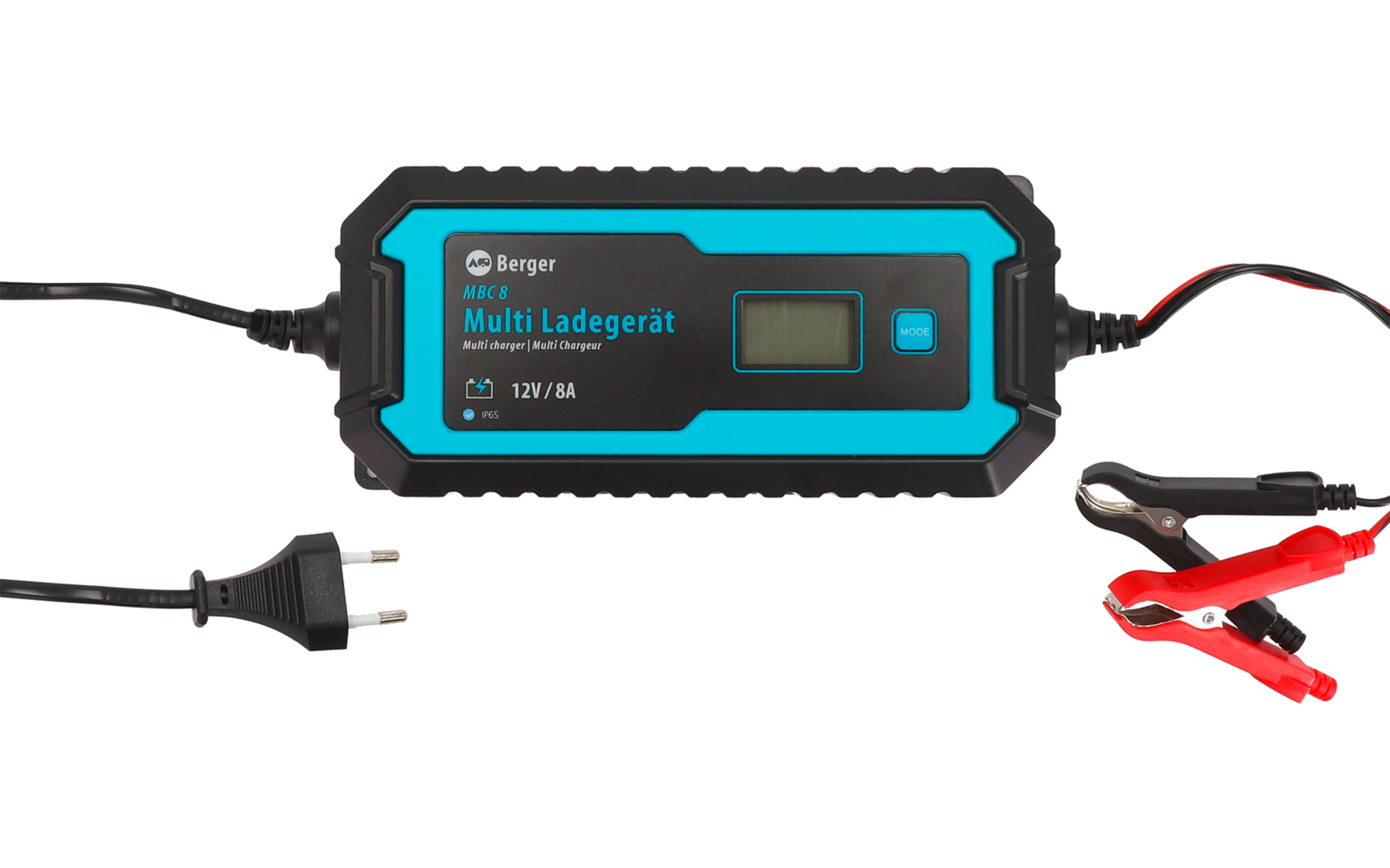 Schwarzes und blaues Batterieladegerät mit Netzstecker und roten sowie schwarzen Klemmen