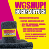 Ein schwarzer Schmutzfangteppich mit gelbem und rosa Aufdruck 'Woshup! Hochflorteppich' und Produktbeschreibung