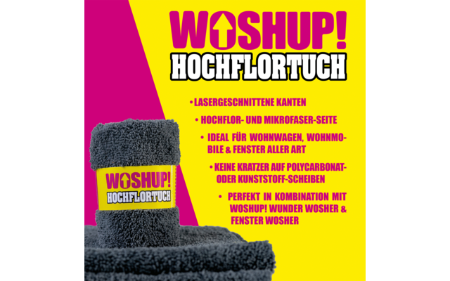 Ein schwarzer Schmutzfangteppich mit gelbem und rosa Aufdruck 'Woshup! Hochflorteppich' und Produktbeschreibung