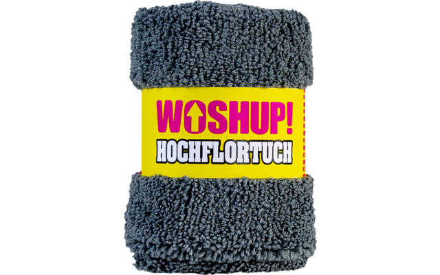 Dunkelgraues Hochflor-Reinigungstuch mit gelbem Etikett und pinker Aufschrift
