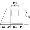 Dessin technique en noir et blanc: contour d'une forme rectangulaire avec un côté gauche incliné, porte centrale avec une fenêtre carrée et cotes en haut (190, 80), à droite (195, 75) et en bas (80, 45, 100, 45)