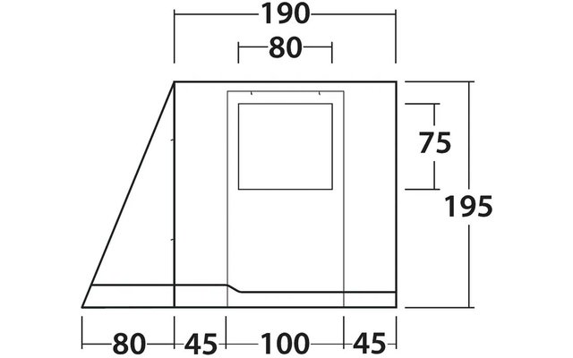 Dessin technique en noir et blanc: contour d'une forme rectangulaire avec un côté gauche incliné, porte centrale avec une fenêtre carrée et cotes en haut (190, 80), à droite (195, 75) et en bas (80, 45, 100, 45)