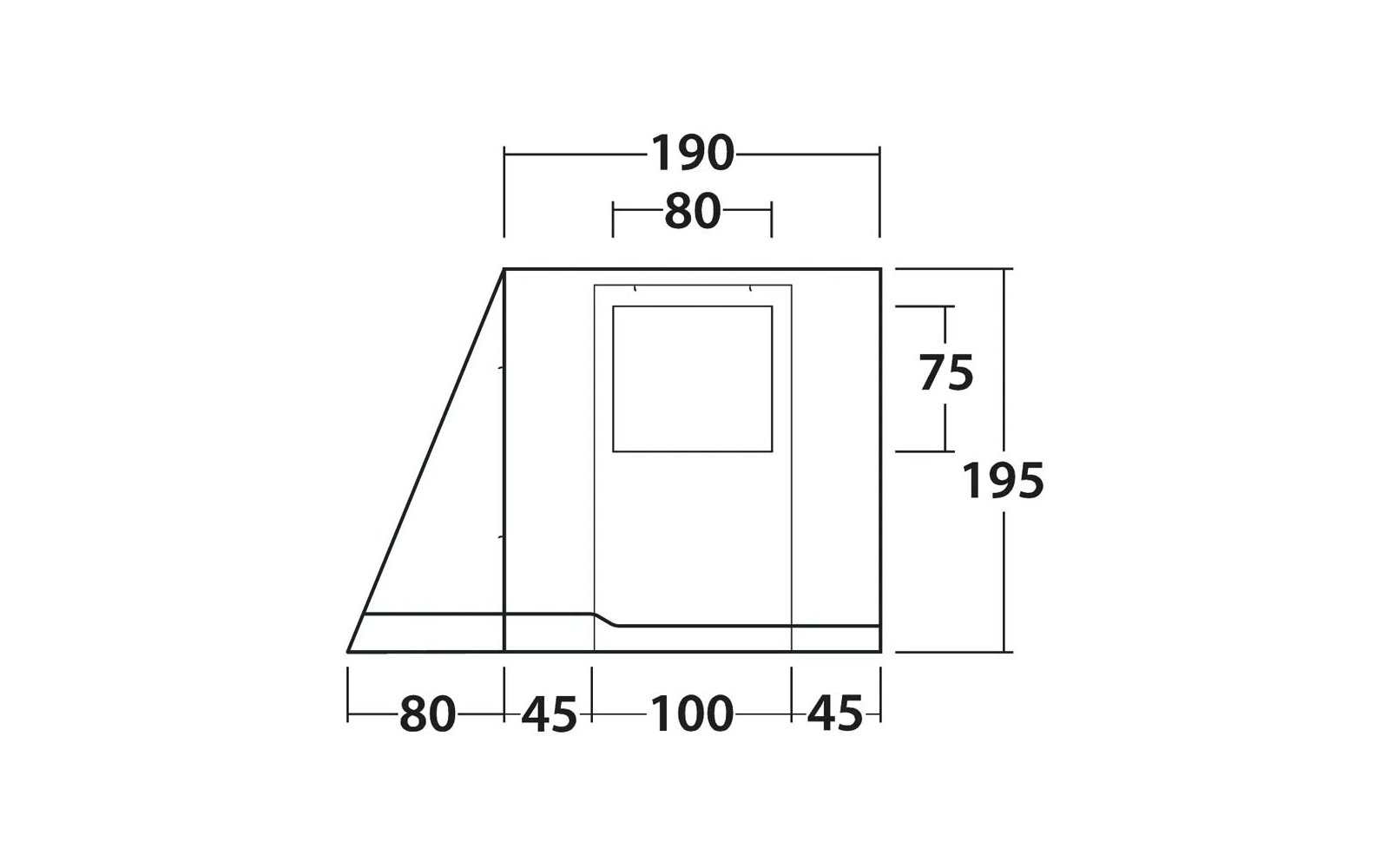 Dessin technique en noir et blanc: contour d'une forme rectangulaire avec un côté gauche incliné, porte centrale avec une fenêtre carrée et cotes en haut (190, 80), à droite (195, 75) et en bas (80, 45, 100, 45)